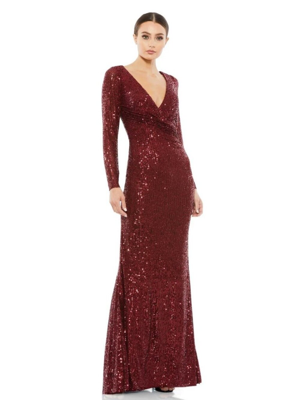 Mac Duggal Size 8 Burgundy 26574 Sequin Long Sleeve Evening Gown Dress Formal